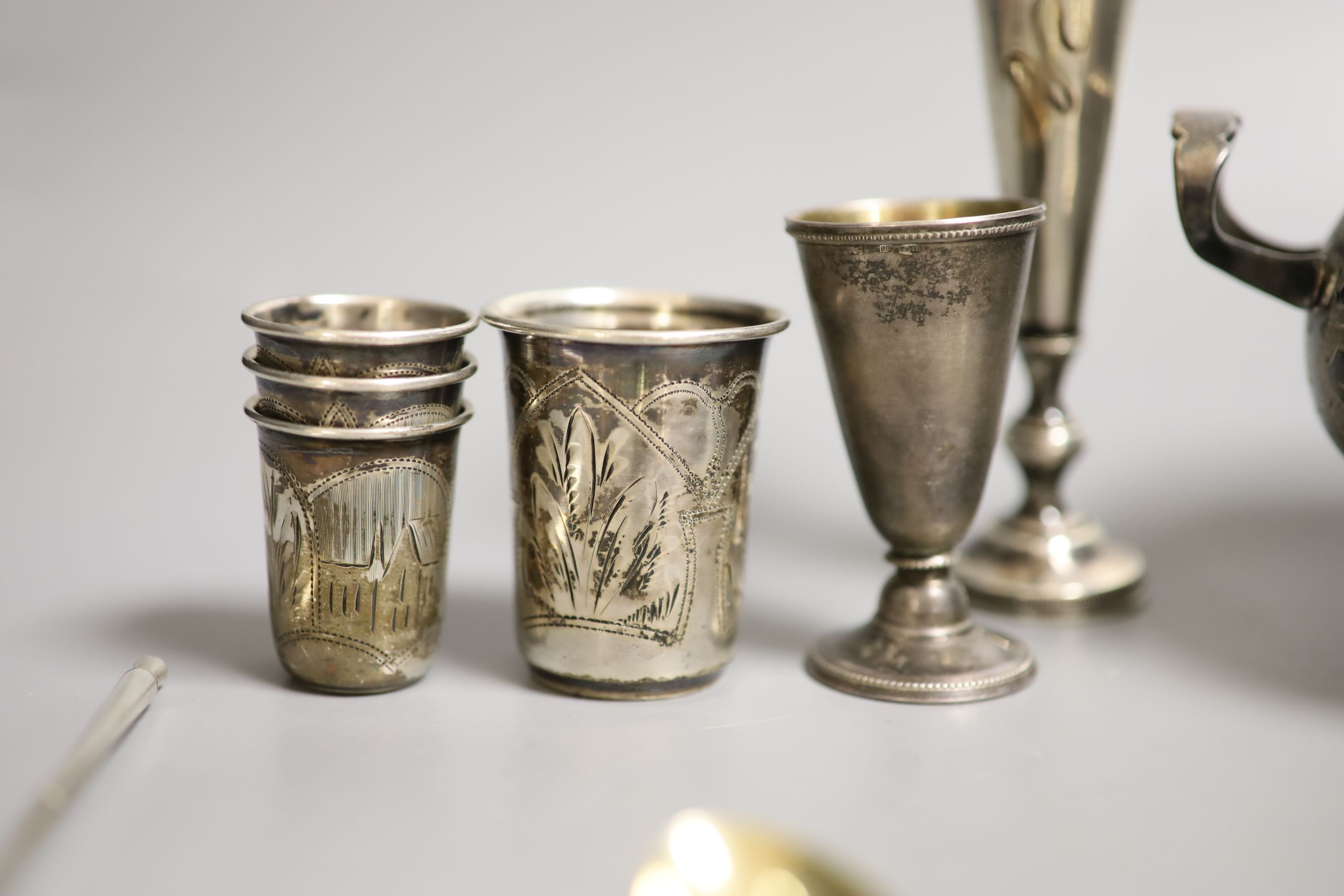 A late 19th century Russian 84 zolotnik two handled sugar bowl and cover and a small quantity of assorted Russian and Russian style items